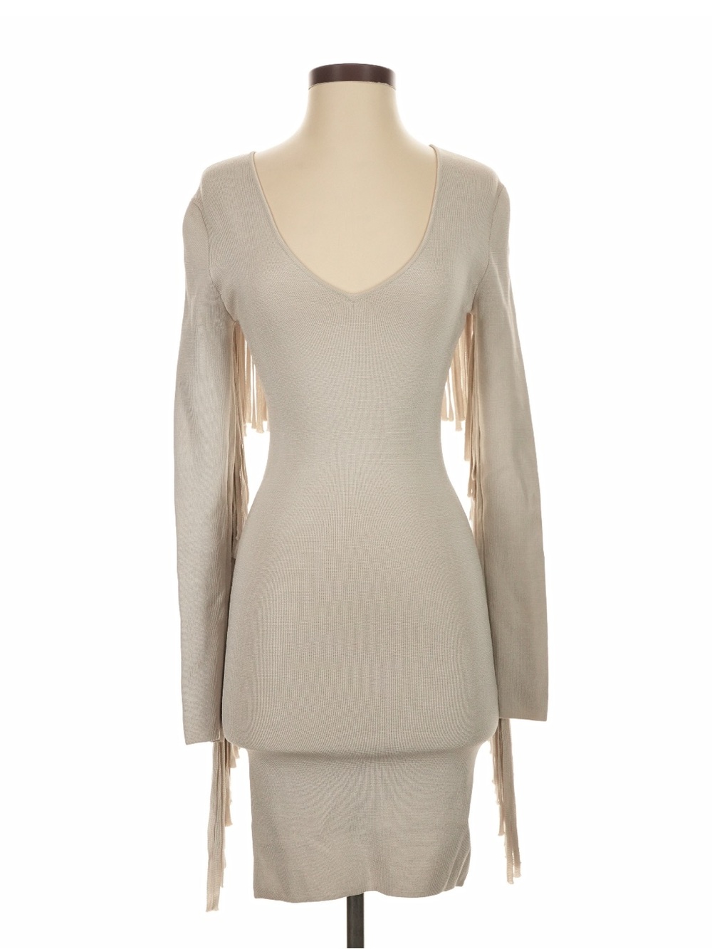 Ronny Kobo Fringe Sweater Dress S Beige Knit Long Sleeve Bodycon Western Boho